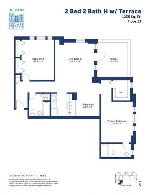 Floor plan for 2 beds, 2 baths, 1235 sqft